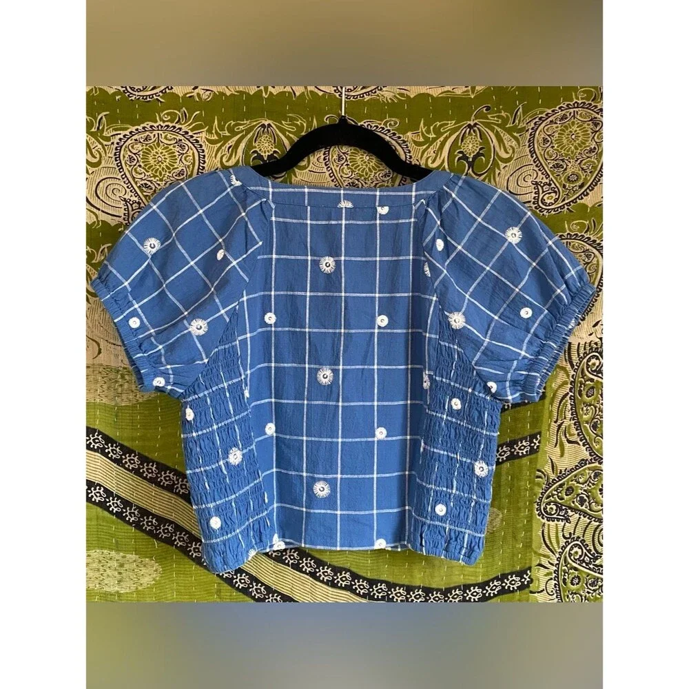 Madewell Hermitage Blue Embroidered Puff Sleeve Window Pane Crop Top 2